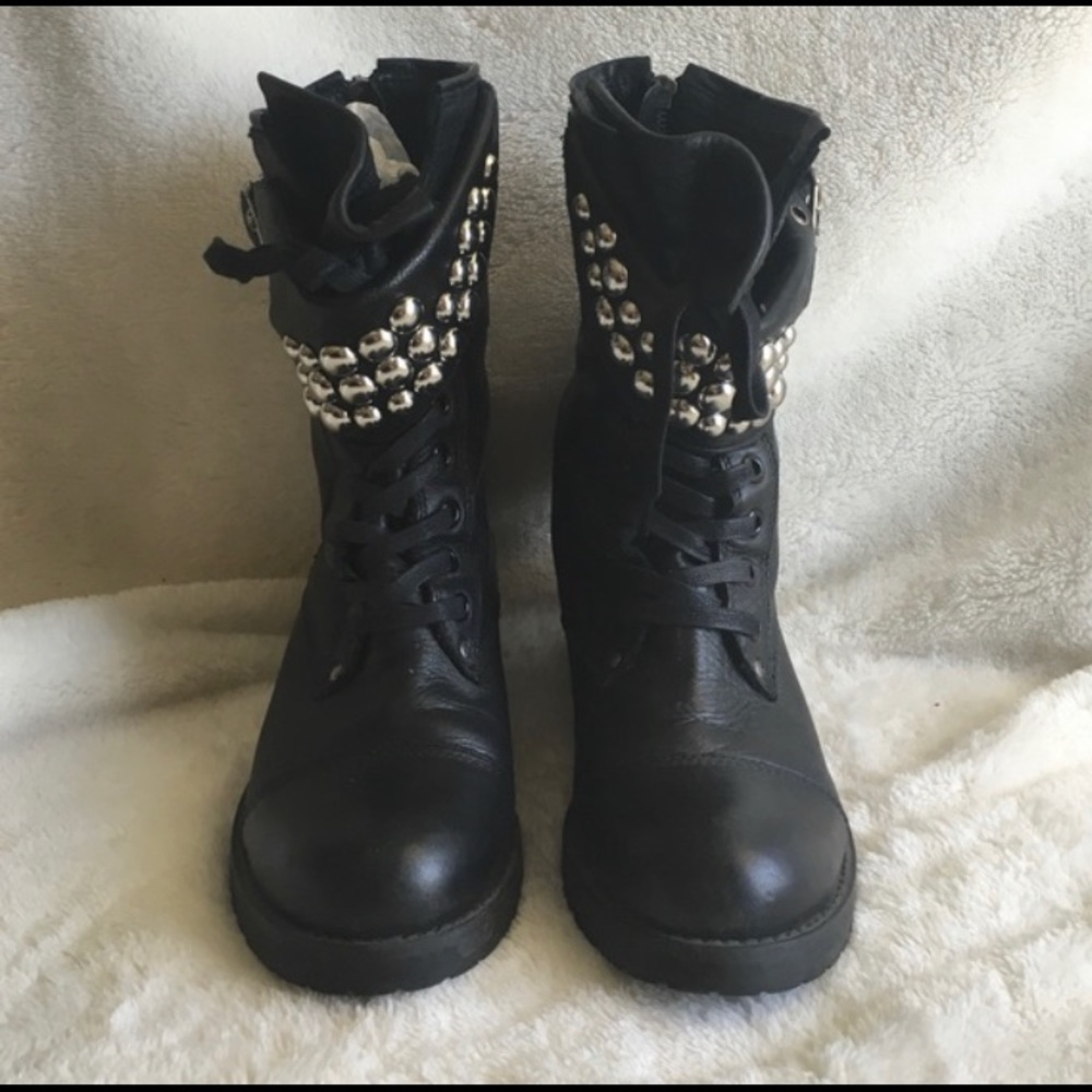 ALDO Black Leather Studded Combat Boots (8.5)